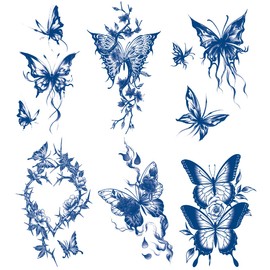 Semi-permanent Butterfly Temporary Tattoos, 6-Sheet 2 Weeks Long Last Waterproof Blue Tattoos,Plant-Based Ink Tattoos Sticker for Adult Children