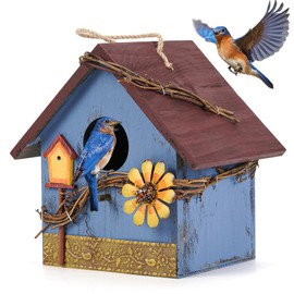 AHUONEL Hanging Bird Houses for Outside Decorative Birdhouse, Garden Bird Feeders for Outdoors, Blue Wooden Bird Nest Box for Wren Finchs Hummingbird Cardinal Bluebird Wild Birds, Gift for Bird Lovers