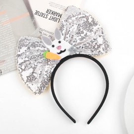 Easter Headband, Sparkly Sequin Silvery Bow Headbands Glitter Bunny Ears Hair Bands Rabbit Animal Hair Hoop for Girls Kids Easter Cosplay Party Headwear Festival Costume Hair Accessories Gift 1PCS