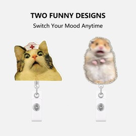Funny Cat & Scared Hamster Badge Reel 2 Pack, Cute Retractable ID Holder with Strong Clip, Funny Nurse Badge Reel Set for Nursing Badge Use, Medical Staff Work Accessories (Cat & Hamster)