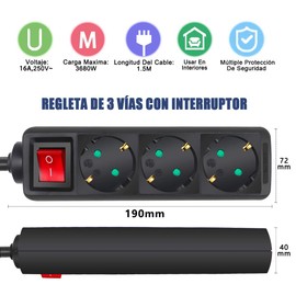 EXTRASTAR 1 x Black 3 Way Power Strip with Switch Cable 1.5m for Home, Office and Travel Max 3680W 16A 250V