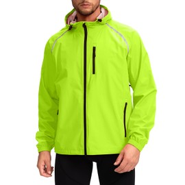 Men's Cycling Rain Jackets Waterproof Running Bike Windbreaker Hooded Reflective Biking Windproof Bicycle Riding(Fluorescent Yellow,4XL)