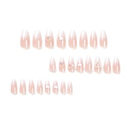 Gradient White French Tip Press on Nails Almond Medium Fake Nails with 3D Heart and Bow Designs Cute Acrylic False Nails Kit Valentine’s Day Stick on Nails Glue on Nails for Women DIY Manicure 24Pcs