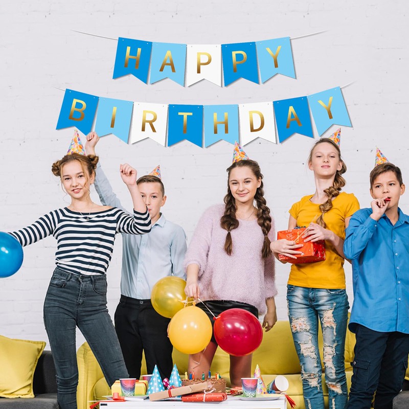 Happy Birthday banner - in deep blue, light blue and