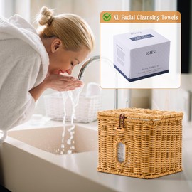 Hordely Facial Clean Skin Club Face Towels Holder for Bathroom, Plastic Rattan Disposable Face Towel Holder, Farmhouse Style for XL Face Towels Box Basket with Lid, Light Brown