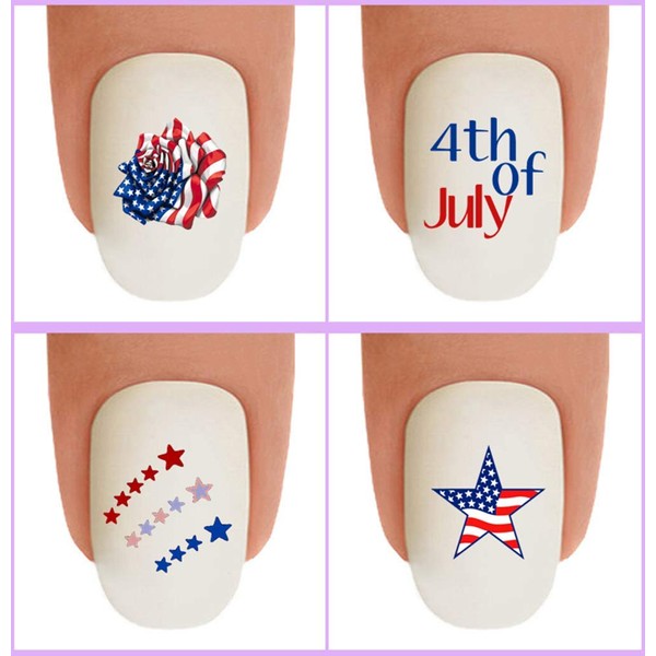 Nail Art Decals WaterSlide Nail Transfers Stickers 48pc Holiday 4th of July - American Flag Rose Stars Fireworks - Salon Quality! DIY Nail Accessories