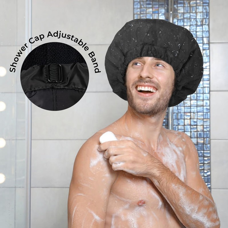 Shower Cap for Men Black Bath Cap, Reversible Terry Lined