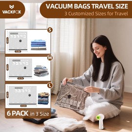 VACKFOX Travel Vacuum Bags with Rechargeable USB Pump, 6 Pack Carry-On Size Vacuum Travel Bags for Luggage & Suitcase, Vacuum Bags for Travel, Space Saver Compression Bags for Clothes & Clothing