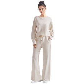SUUKSESS Women Modal 2 piece outfits Oversized Sweatshirt Fall Lounge Set Wide Leg Pants Matching Sets (Apricot,XS)