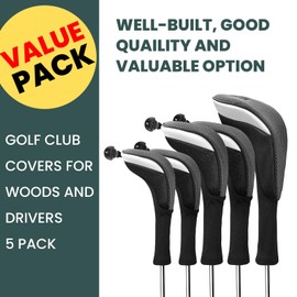 FINGER TEN Golf Club Head Covers for Woods Long Cover Driver Hybrid Fairway, Headcovers with Interchangeable No. Tag Novelty Durable Fit Woods Clubs (Black-5 pack (1 Driver& 2 Fairway&2 Hybrid))