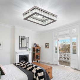 Finktonglan LED Crystal Ceiling Light Modern Rectangular Ceiling Lamp K9 Stainless Steel Flush Mount Ceiling Lights Fixture Chandelier for Dining Room Living Room Bedroom (Cool White)