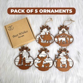 Pack of 5 Nativity Music Sheet Ornaments Wooden Catholic Scene Hanging Xmas Tree Laser Cut Christian for Christmas Blessing Birth of Jesus Ornament for Mom, Dad, Pastor CB-11-BELL