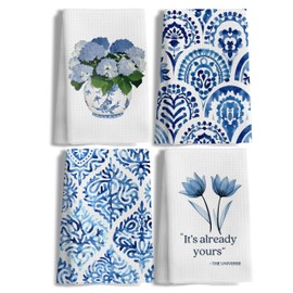 LUKIPOM Chinoiserie Hydrangea Floral Kitchen Towels Set of 4, Blue and White Porcelain Decorative Dish Tea Towels for Kitchen, Grandmillennial Floral Hand Towels for Bathroom Decor, 16x24 Inches
