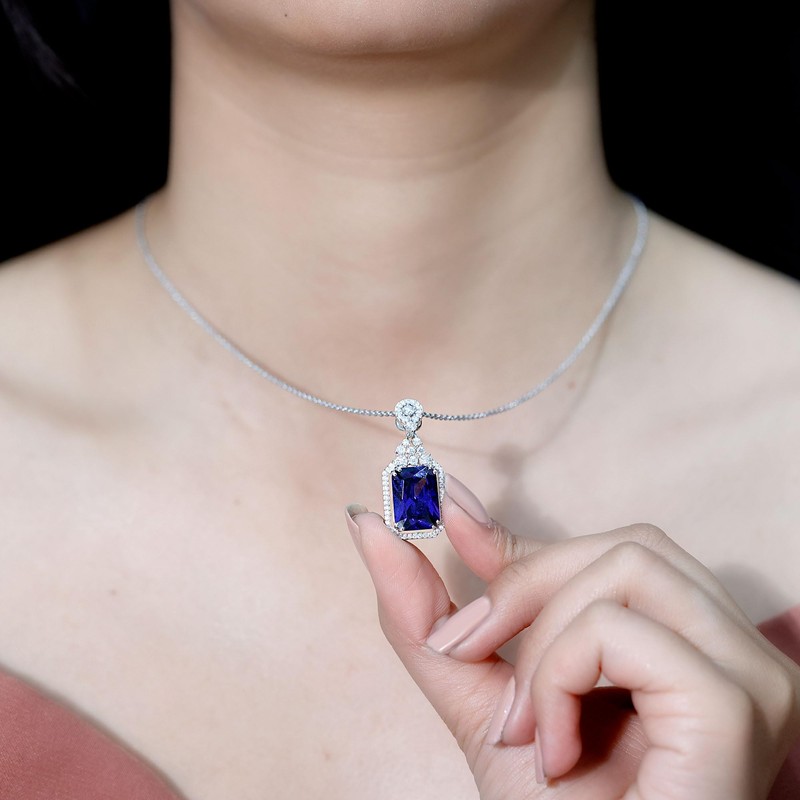 September Birthstone Necklace, Certified 10X14mm Lab Grown Blue Sapphire Vintage