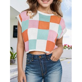 Girls Summer Crop Tops Cute Tanks Cap Sleeve Colorblock Tee Shirts Sweater Vest Outfits Loose Knit Kids Top Pink