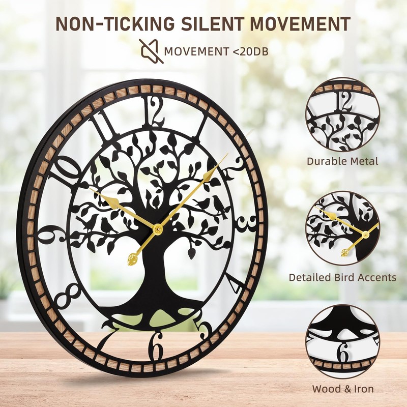 20" Farmhouse Bird Branch Wall Clock with Metal Tree Design