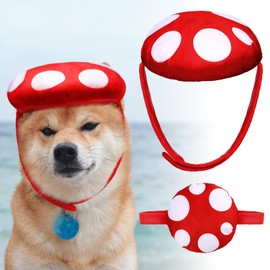 Huhumy Halloween Costumes for Dog White Mushroom with Red Dot Hat for Pet Cat Halloween Christmas Cottagecore Cosplay Cut Costumes