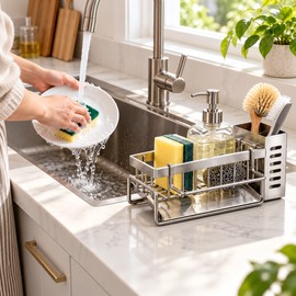 Stainless Steel Sink Cleaning Tools Storage Rack – Multifunctional Drainable Sponge Holder with Rag Hanger for Kitchen Sink & Countertop