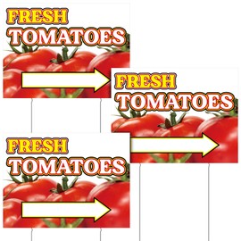 3 Pack Tomatoes Yard Sign 12" x 16" Double-sided Print Plastic Fresh Tomatoes Yard Sign with Metal Stakes for Outdoor Decorations Stand Supplies Business Advertisement (Arrow)