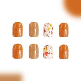 24Pcs Fall Press on Nails Short Square False Nails Light Brown Fake Nails with Cute Flower & Leaf Design Full Cover Stick on Nails for Women Girls Reusable Acrylic Nails Autumn Winter Nail Art