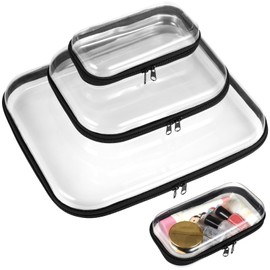 Clear Hard Shell Zipper Case 3 Pcs - Transparent Hard Pouches 3 Sizes, Double Zippered Hard Shell Bags, Portable Zipper Organizer Bins, Waterproof Cosmetic Makeup Bags for Snacks, Toys, Black