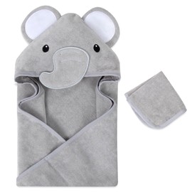 Baby Animal Hooded Towel and Washcloth Set for Newborns, Infants, Toddlers Boys and Girls 3-24 Months (Elegant Grey Elephant)