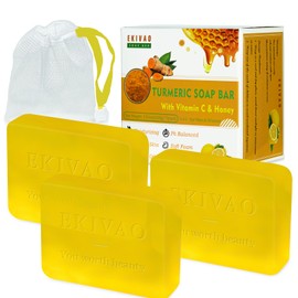 EKIVAO 3Packs Best Turmeric Soap Bar, Organic Tumeric Soap for Face and Body, Honey Lemon Turmeric bar Soap with Vitamin C, E, CitrusTurmeric Soap Face Wash for Smoothing, Moisturizing skin