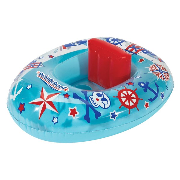 SwimSchool Lil’ Skipper Baby Boat – 6-18 Months – Inflatable Baby Pool Float with Adjustable Backrest and Safety Seat – Blue/Red
