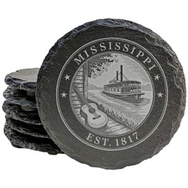 Mississippi River Steamboat Coasters Set of 8 - Vintage Paddle Wheel Boat with Guitar Scene - Rustic Gray Natural Slate Drink Coasters - Handcrafted USA Made Housewarming Gift for River Boat Lovers