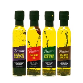 Benissimo Herb Infused Cooking Oil Chef Pack, All Natural Gourmet Set Featuring Italiano, Roasted Garlic, Mediterranean Garlic, and Balsamic Garlic Oil Blends, 4 Bottles, 8.1 fl oz Each