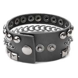Zysta Jewellery Wide Genuine Leather Bracelet, Bangle, Rivets, Wrap Rivets Cuff, Unisex Punk Rock, Black