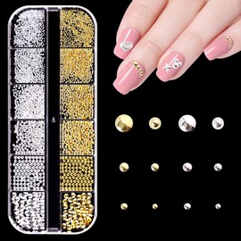 MOLILON 12 Grids Nail Art Studs, Gold Silver Mini Metal Nails Bead with Pick Up Pen & Tweezer, 3D Nail Art Metal Caviar Ball Nail Charms and Gems for Women DIY Manicure Decorations Supplies