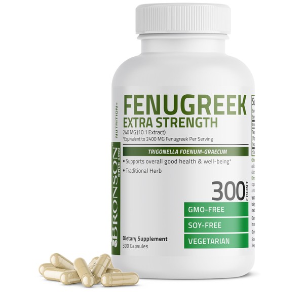 Bronson Fenugreek Seed Powder Capsules Extra Strength, Trigonella Foenum-Graecum, Non-GMO, Soy-Free, Vegetarian, 300 Capsules