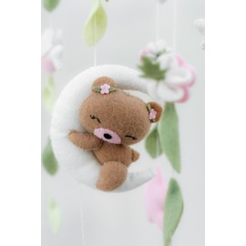 Girl Teddy Bear Mobile for Crib, Felt Ball Mobile Bear Crib Mobile Pink Bear Baby Shower, Gift Baby Nursery Decor Kids Mobile, Bear Stars Bird Mobile