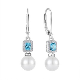 Inpasne Pearl Drop Earrings Dangling 925 Sterling Silver Aquamarine Earrings Emerald Cut March Birthstone Jewelry for Women