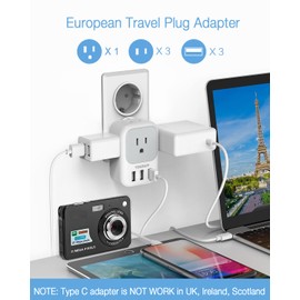 TESSAN Adaptador Europeo Enchufe, Europeo Adaptador de Corriente con 4 Salidas CA, Cargador Europeo Tipo C con 3 USB, Travel Essentials Adaptador Americano/México a Europeo para Italia, España