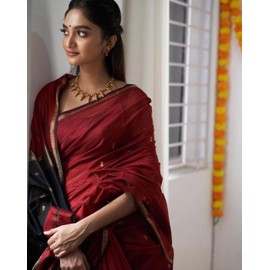 Jaanvi fashion Women's Cotton Silk Saree with Zari Work and Unhemmed Blouse, Maroon