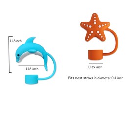 AUONY 6PCS Cute Ocean Animal Shark Dolphin Straw Cover Cup for Tumbler Cup, Reusable Silicone Drinking Straw Topper Protectors Straw Tips Lids Covers for Cup Accessories