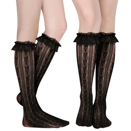 Benefeet Sox Womens Girls Black Lace Knee High Socks Novelty Sheer Mesh Fishnet Knee High Stockings Heart Patterned Nylon Fancy Dress Socks Lolita See Through Transparent Trouser Socks, Black Heart