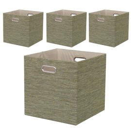 Fboxac Cube Storage Bins 13×13 Polyester Foldable Box with Handles, Collapsible Organization Basket Set of 4 Large Capacity Drawer for Closet Shelf Cabinet Bookcase Bedroom, Green Beige