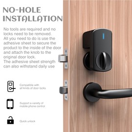 Smart Deadbolt Lock with Bluetooth, Keyless Entry Door Lock, Automatic Knob, App Control, Easy Installation, No Drilling Required, Black, 2.88x4.56 inches