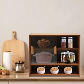 OUKANING 3 Tiers Small Bamboo Kitchen Pantry Sideboard with 2 Sliding Striped Glass Doors, Freestanding Kitchen Pantry Cabinet for Bottle, Dish, Bowl Console Dining Cupboard, Tea-Colored