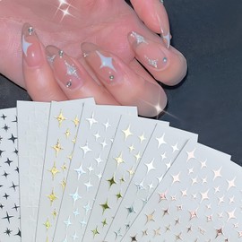 8 Sheets Star Nail Art Stickers 3D Self-Adhesive Star Nail Decals Shiny White Black Gold Silver Stars Nail Sticker Designs Nail Art Supplies for Nail Tips DIY Manicure Acrylic Manicure Decoration Set