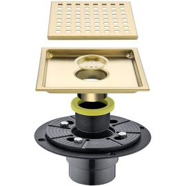 SEABEFORE Shower Drain 6 Inch Brushed Gold,Stainless Square Shower Floor Drain Kit with Tile Insert Grate Removable Multipurpose Invisible Look or Flat Cover, with Threaded Adapter