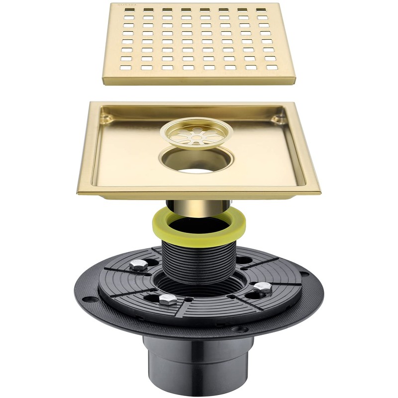 SEABEFORE Shower Drain 6 Inch Brushed Gold,Stainless Square Shower Floor