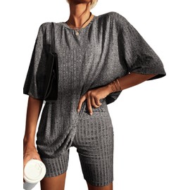 Ekouaer Rib Pajamas 2 Piece Lounge Sets Ribbed Knit Matching Outfits T-shirt Biker Shorts Sleepwear Loungewear Sweatsuits Black Grey Small