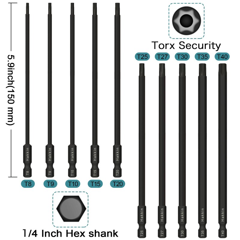 Long Torx Bit Set Hakkin 10Pcs 150mm Tamper Proof Security