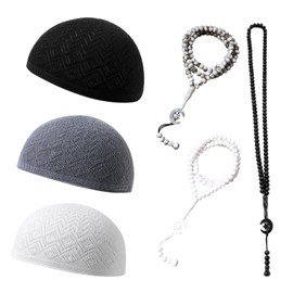 6 Pcs Kufi Hats for Men and Tasbih Prayer Beads Set, Including 3Pcs Stretchable and Breathable Crochet Taqiyah Cap and 3Pcs with 99 Prayer Beads Muslim Tasbih Black, White, Grey