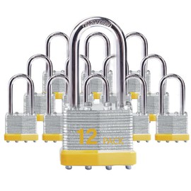 XanHen Keyed Alike Laminated Steel Padlocks with Long Shackle for Sheds, Fences & Lockers (12-Pack)