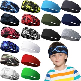 Ceenna 18 Pieces Kids Sports Sweatbands for Boys Girls Athletic Headband Wicking Elastic Breathable for Child(Trendy Style)